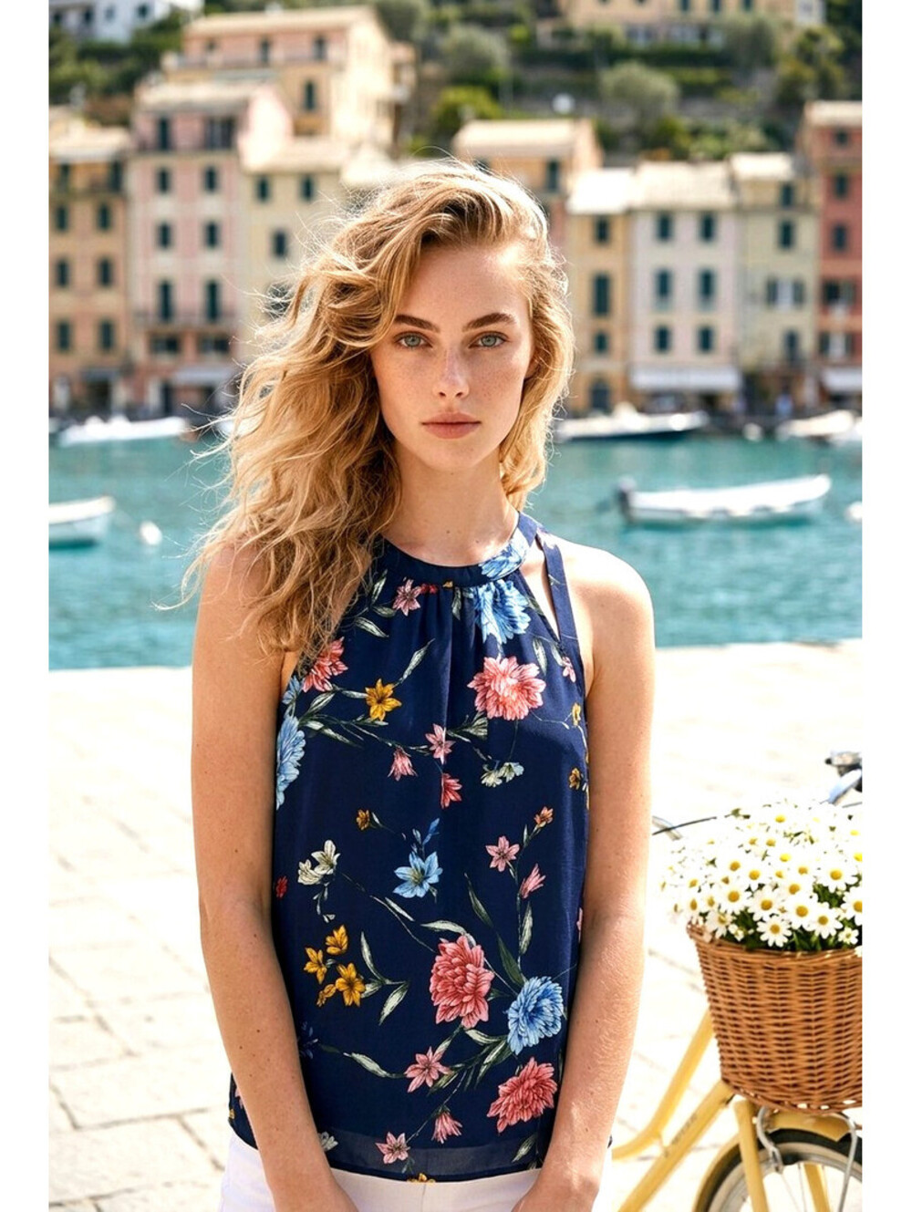 Express Navy Blue Floral Print Halter Tank Top sz Medium